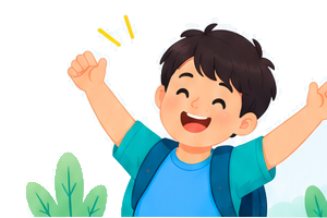 A child celebrating with arms raised