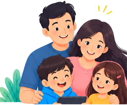 A family looking at a tablet together