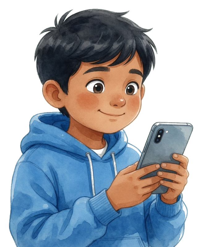 CuriOra വഴികാട്ടുന്ന apps ഉള്ള ഫോൺ ഉപയോഗിക്കുന്ന കുട്ടി