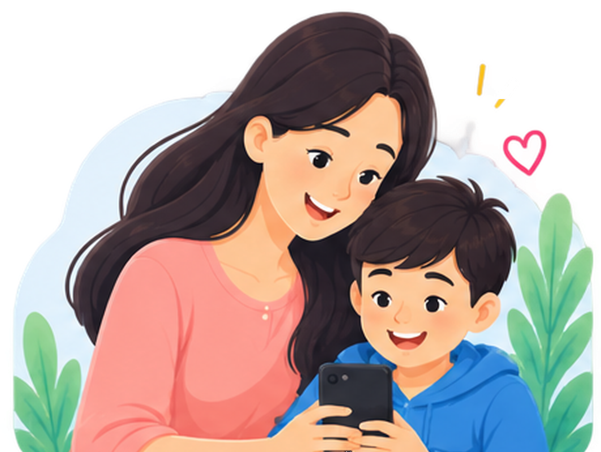 Parent and child looking at a phone together